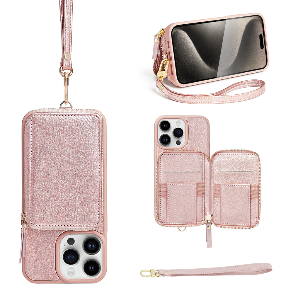 ZVE Wallet Phone Case with Wrist Strap- Rose Gold